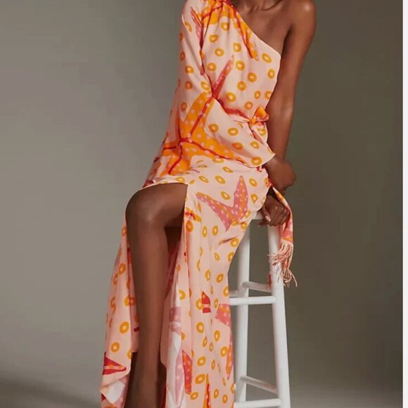 Farm Rio Anthropologie One Shoulder Starfish Maxi Dress Side Slit Orange New XS - Picture 3 of 7